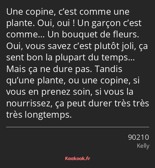 Une copine, c’est comme une plante. Oui, oui ! Un garçon c’est comme… Un bouquet de fleurs. Oui…