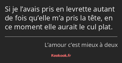 Si je l’avais pris en levrette autant de fois qu’elle m’a pris la tête, en ce moment elle aurait le…