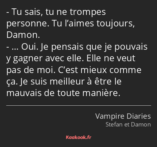 Tu sais, tu ne trompes personne. Tu l’aimes toujours, Damon. … Oui. Je pensais que je pouvais y…