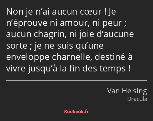 Non je n’ai aucun cœur ! Je n’éprouve ni amour, ni peur ; aucun chagrin, ni joie d’aucune sorte…