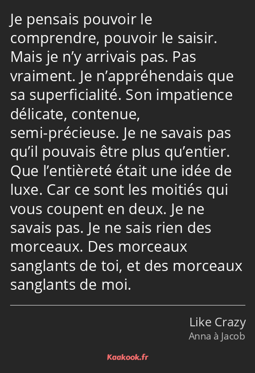 Je pensais pouvoir le comprendre, pouvoir le saisir. Mais je n’y arrivais pas. Pas vraiment. Je…