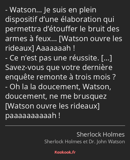 Watson… Je suis en plein dispositif d’une élaboration qui permettra d’étouffer le bruit des armes à…