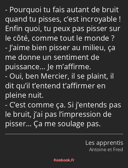 Pourquoi tu fais autant de bruit quand tu pisses, c’est incroyable ! Enfin quoi, tu peux pas pisser…