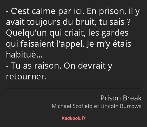 C’est calme par ici. En prison, il y avait toujours du bruit, tu sais ? Quelqu’un qui criait, les…