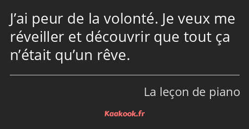 J’ai peur de la volonté. Je veux me réveiller et découvrir que tout ça n’était qu’un rêve.