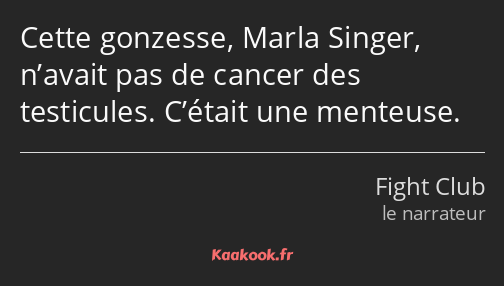 Cette gonzesse, Marla Singer, n’avait pas de cancer des testicules. C’était une menteuse.