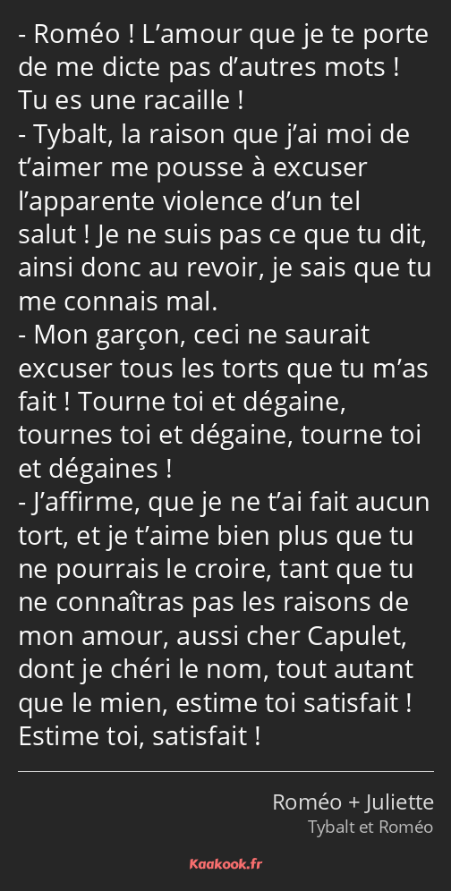 Roméo ! L’amour que je te porte de me dicte pas d’autres mots ! Tu es une racaille ! Tybalt, la…