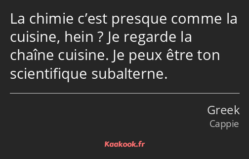 La chimie c’est presque comme la cuisine, hein ? Je regarde la chaîne cuisine. Je peux être ton…