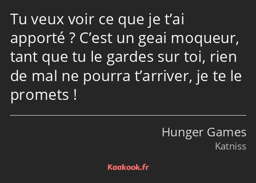 Tu veux voir ce que je t’ai apporté ? C’est un geai moqueur, tant que tu le gardes sur toi, rien de…