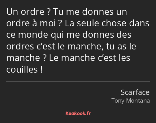 Un ordre ? Tu me donnes un ordre à moi ? La seule chose dans ce monde qui me donnes des ordres…