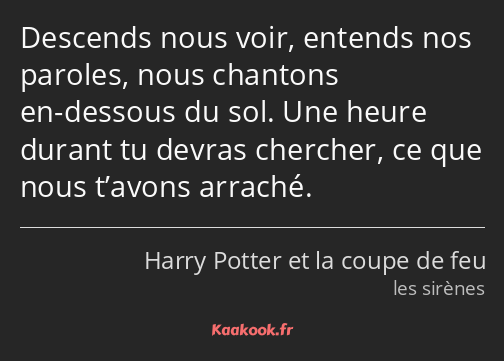 Descends nous voir, entends nos paroles, nous chantons en-dessous du sol. Une heure durant tu…