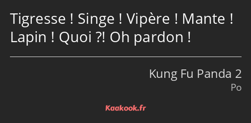 Tigresse ! Singe ! Vipère ! Mante ! Lapin ! Quoi ?! Oh pardon !