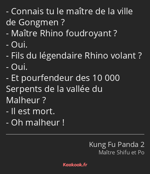 Connais tu le maître de la ville de Gongmen ? Maître Rhino foudroyant ? Oui. Fils du légendaire…