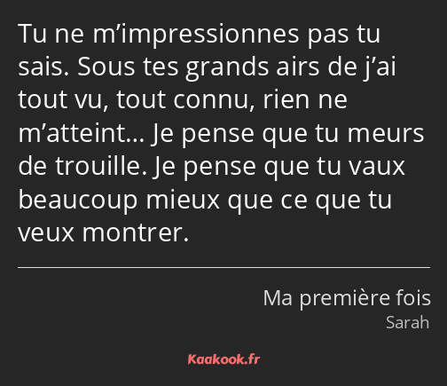 Tu ne m’impressionnes pas tu sais. Sous tes grands airs de j’ai tout vu, tout connu, rien ne…