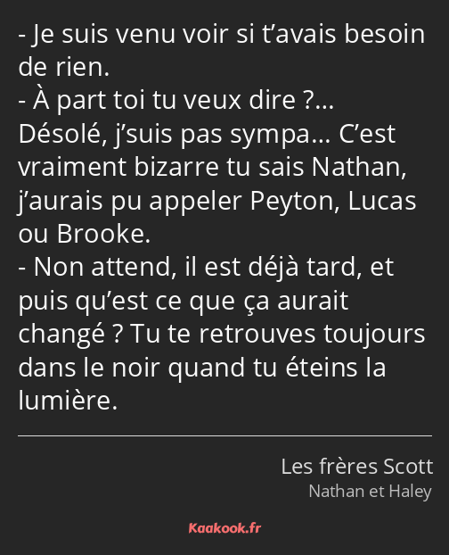 Je suis venu voir si t’avais besoin de rien. À part toi tu veux dire ?… Désolé, j’suis pas sympa……