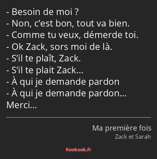 Besoin de moi ? Non, c’est bon, tout va bien. Comme tu veux, démerde toi. Ok Zack, sors moi de là…