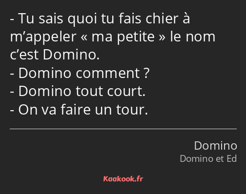 Tu sais quoi tu fais chier à m’appeler ma petite le nom c’est Domino. Domino comment ? Domino tout…