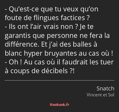 Qu’est-ce que tu veux qu’on foute de flingues factices ? Ils ont l’air vrais non ? Je te garantis…