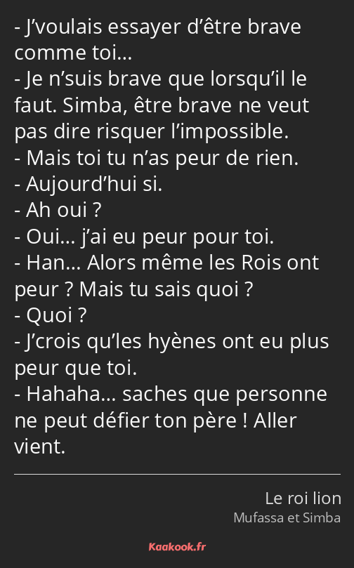 J’voulais essayer d’être brave comme toi… Je n’suis brave que lorsqu’il le faut. Simba, être brave…