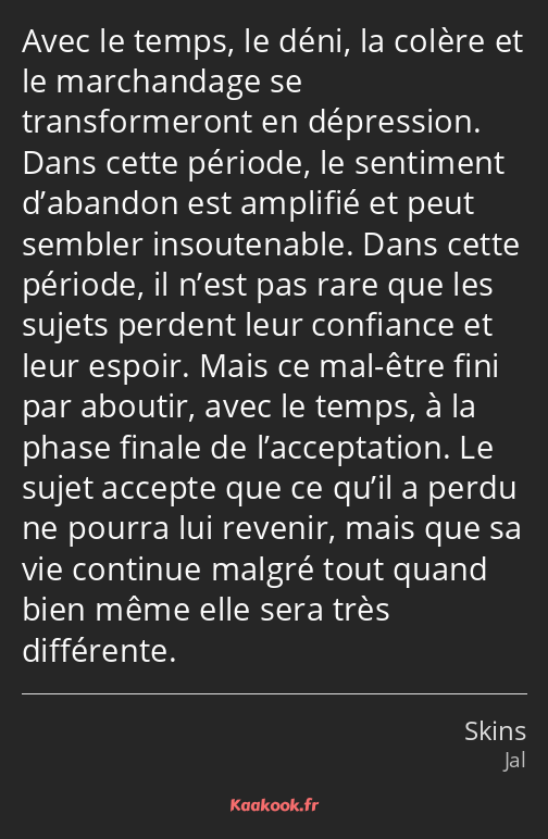 Avec le temps, le déni, la colère et le marchandage se transformeront en dépression. Dans cette…