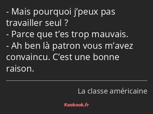 Mais pourquoi j’peux pas travailler seul ? Parce que t’es trop mauvais. Ah ben là patron vous…