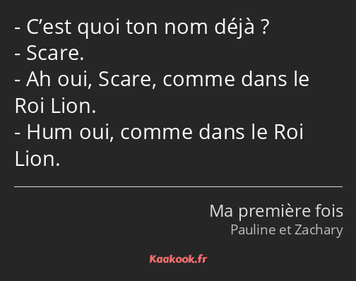 C’est quoi ton nom déjà ? Scare. Ah oui, Scare, comme dans le Roi Lion. Hum oui, comme dans le Roi…