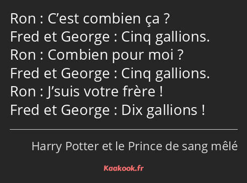 C’est combien ça ? Cinq gallions. Combien pour moi ? Cinq gallions. J’suis votre frère ! Dix…