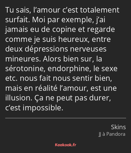 Tu sais, l’amour c’est totalement surfait. Moi par exemple, j’ai jamais eu de copine et regarde…