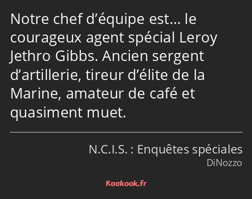 Notre chef d’équipe est… le courageux agent spécial Leroy Jethro Gibbs. Ancien sergent d’artillerie…