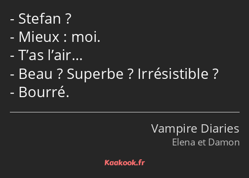 Stefan ? Mieux : moi. T’as l’air… Beau ? Superbe ? Irrésistible ? Bourré.