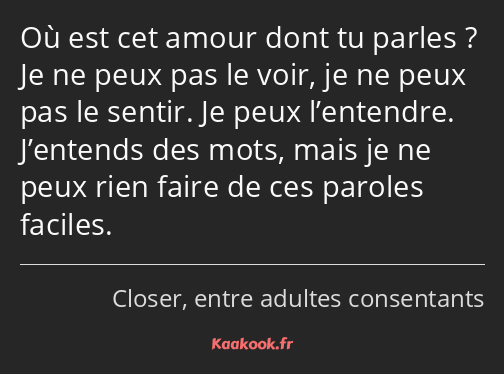 Où est cet amour dont tu parles ? Je ne peux pas le voir, je ne peux pas le sentir. Je peux…