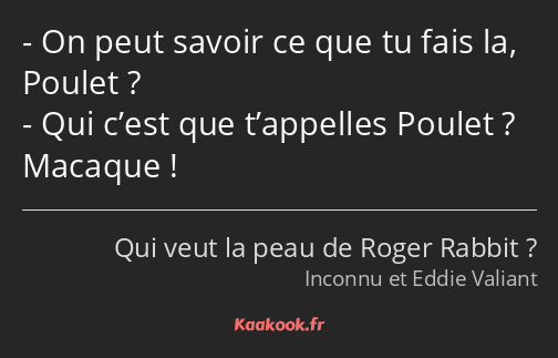 On peut savoir ce que tu fais la, Poulet ? Qui c’est que t’appelles Poulet ? Macaque !