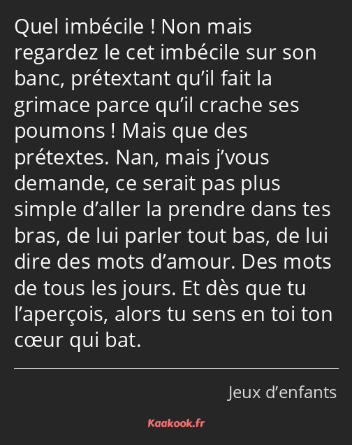 Quel imbécile ! Non mais regardez le cet imbécile sur son banc, prétextant qu’il fait la grimace…