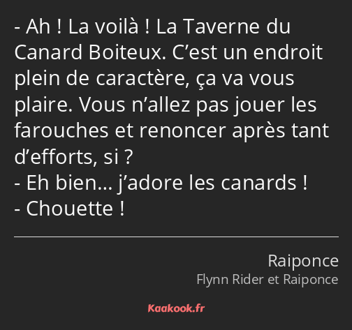 Ah ! La voilà ! La Taverne du Canard Boiteux. C’est un endroit plein de caractère, ça va vous…