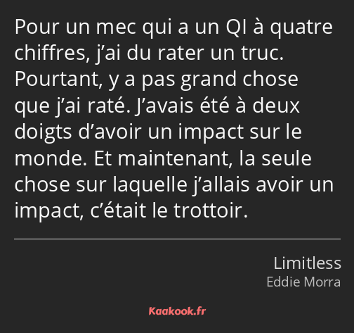 Pour un mec qui a un QI à quatre chiffres, j’ai du rater un truc. Pourtant, y a pas grand chose que…