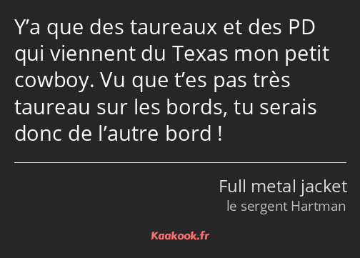 Y’a que des taureaux et des PD qui viennent du Texas mon petit cowboy. Vu que t’es pas très taureau…