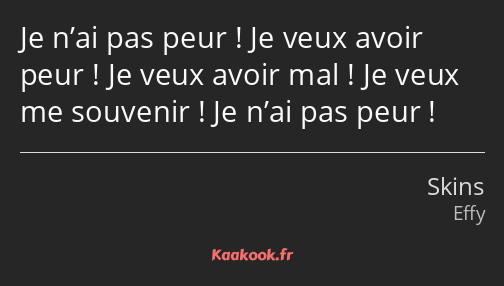 Je n’ai pas peur ! Je veux avoir peur ! Je veux avoir mal ! Je veux me souvenir ! Je n’ai pas peur !