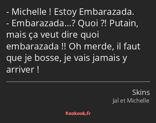 Michelle ! Estoy Embarazada. Embarazada…? Quoi ?! Putain, mais ça veut dire quoi embarazada !! Oh…