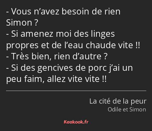 Vous n’avez besoin de rien Simon ? Si amenez moi des linges propres et de l’eau chaude vite !! Très…