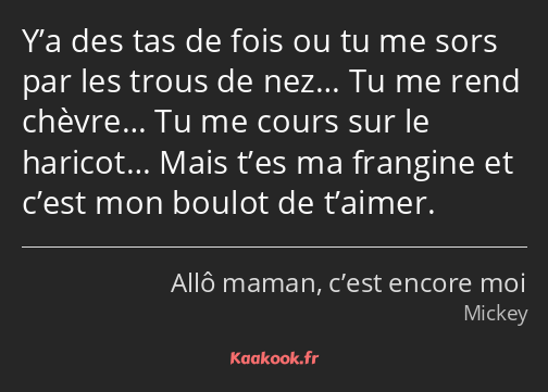 Y’a des tas de fois ou tu me sors par les trous de nez… Tu me rend chèvre… Tu me cours sur le…