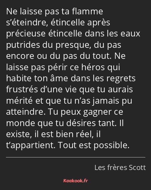 Ne laisse pas ta flamme s’éteindre, étincelle après précieuse étincelle dans les eaux putrides du…