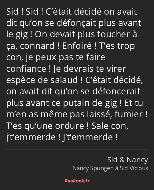 Sid ! Sid ! C’était décidé on avait dit qu’on se défonçait plus avant le gig ! On devait plus…