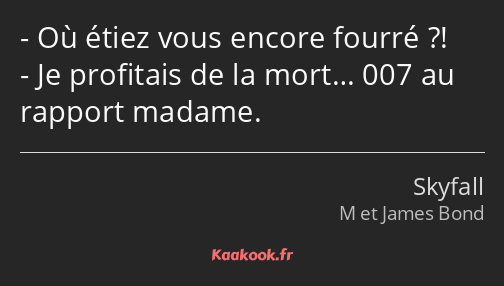 Où étiez vous encore fourré ?! Je profitais de la mort… 007 au rapport madame.