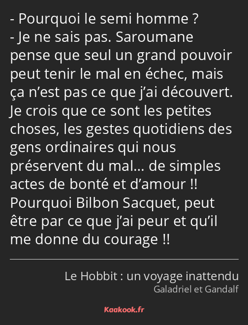 Pourquoi le semi homme ? Je ne sais pas. Saroumane pense que seul un grand pouvoir peut tenir le…