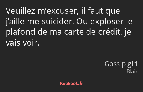 Veuillez m’excuser, il faut que j’aille me suicider. Ou exploser le plafond de ma carte de crédit…