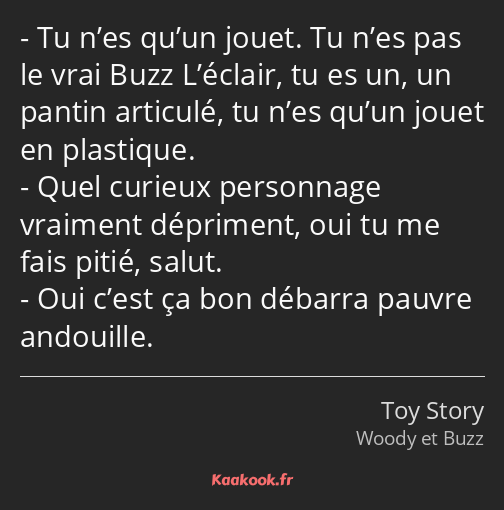 Tu n’es qu’un jouet. Tu n’es pas le vrai Buzz L’éclair, tu es un, un pantin articulé, tu n’es qu’un…