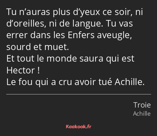 Tu n’auras plus d’yeux ce soir, ni d’oreilles, ni de langue. Tu vas errer dans les Enfers aveugle…