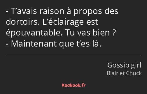 T’avais raison à propos des dortoirs. L’éclairage est épouvantable. Tu vas bien ? Maintenant que…