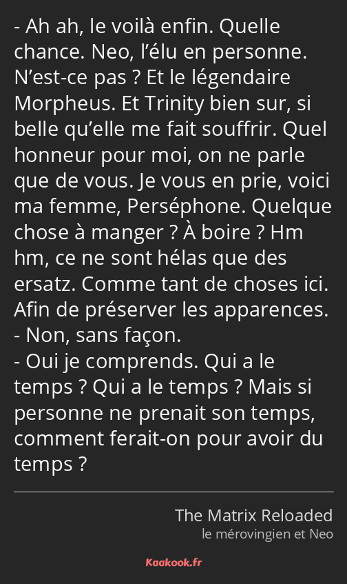 Ah ah, le voilà enfin. Quelle chance. Neo, l’élu en personne. N’est-ce pas ? Et le légendaire…