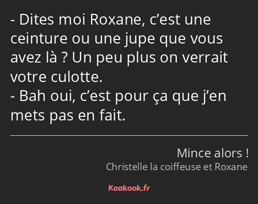 Dites moi Roxane, c’est une ceinture ou une jupe que vous avez là ? Un peu plus on verrait votre…